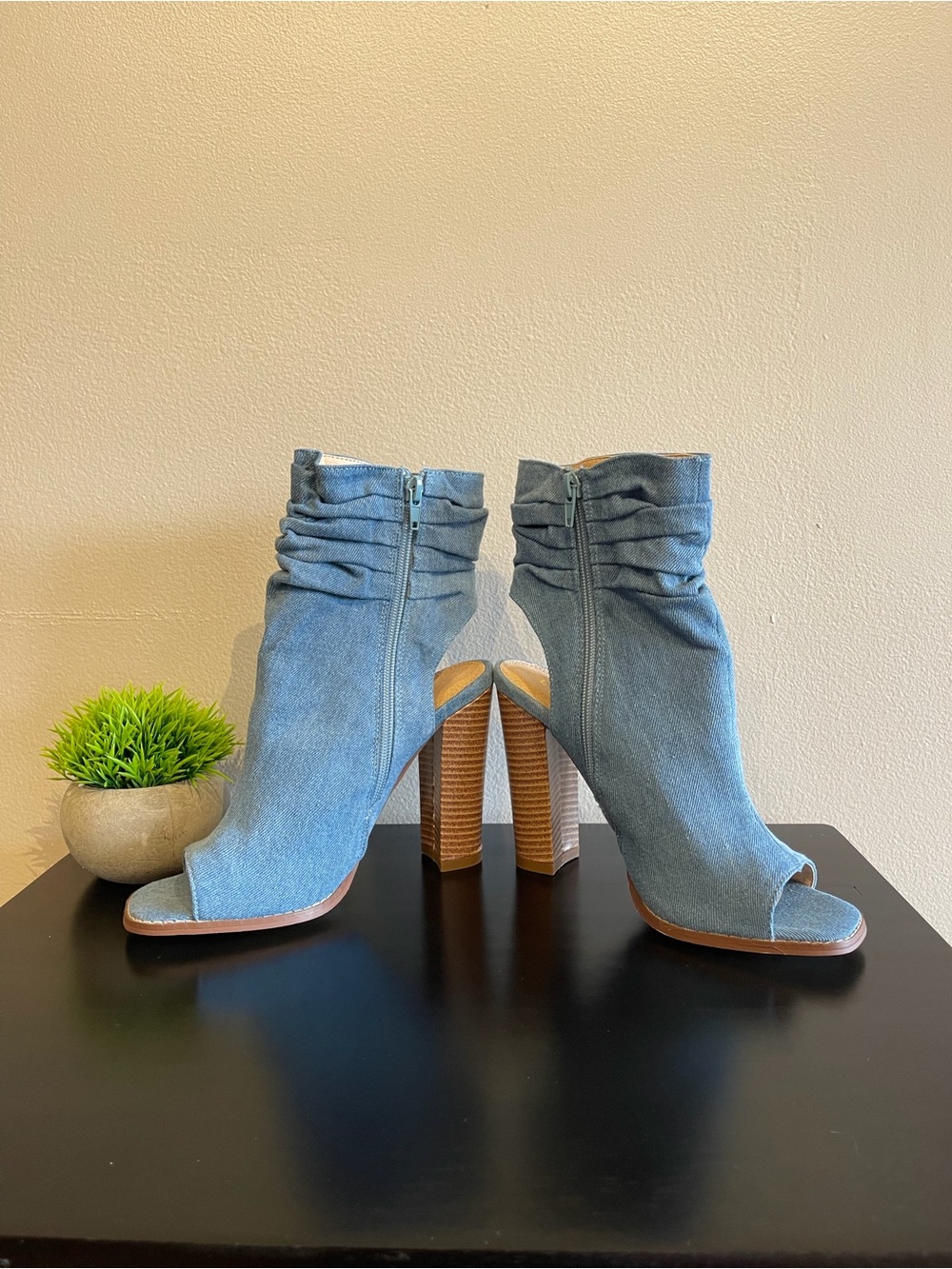 Denim Blue Open-Toe Slouch Heel Booties - Picture 2 of 7